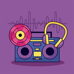 vintage boombox stereo vinyl and headphones music colorful background