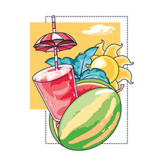 summer poster with watermelon and cocktail