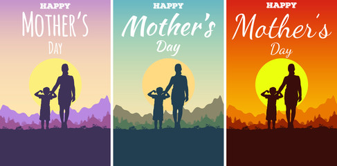 Set of greeting cards or flyers for Happy Mother's Day. Silhouette of standing in a field mother and son on background a mountain sunny landscape. A woman put her hand on a child's shoulder.