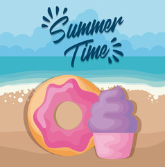 summer beach poster with cupcake and donut