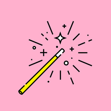 Magic Wand Line Icon. Yellow Magician Stick Isolated On Pink Background. Vector Illustration.