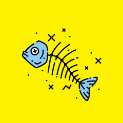 Dead fish head and bones icon. Blue cartoon fish skeleton graphic isolated on yellow background. Vector illustration.