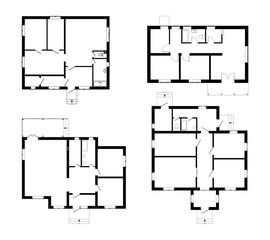 Set of ground floor blueprints. Vector unfurnished floor plans for your design. Suburban house set.
