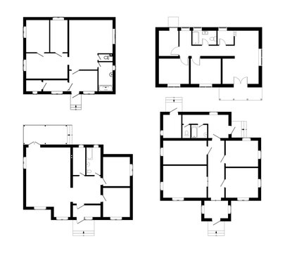 Set Of Ground Floor Blueprints. Vector Unfurnished Floor Plans For Your Design. Suburban House Set.