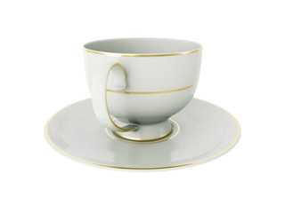 Isolated antique porcelain cup with gold on white background. 3D Illustration