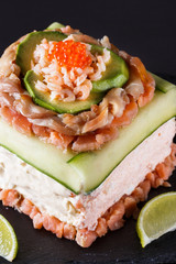 Piece of traditional savory swedish sandwich cake Smorgastorta