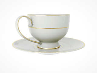 Isolated antique porcelain cup with gold on white background. 3D Illustration