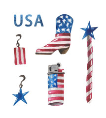 Watercolor set of stylized earrings, a cowboy-style boot, a star on a stick and a lighter in the colors of the US flag. For design patriotic compositions on the theme of Independence Day or Flag Day.