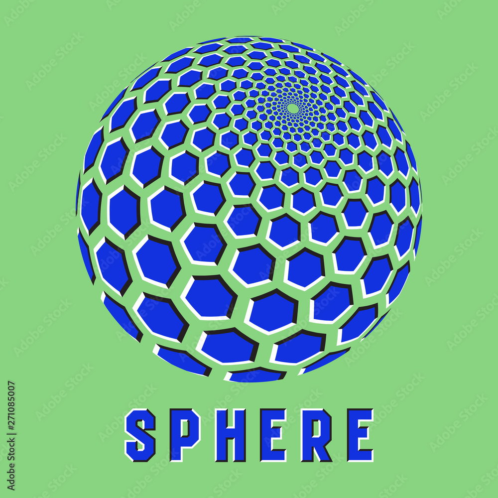 Poster abstract sphere logo symbol with motion illusion effect. blue globe emblem with moving hexagons shap