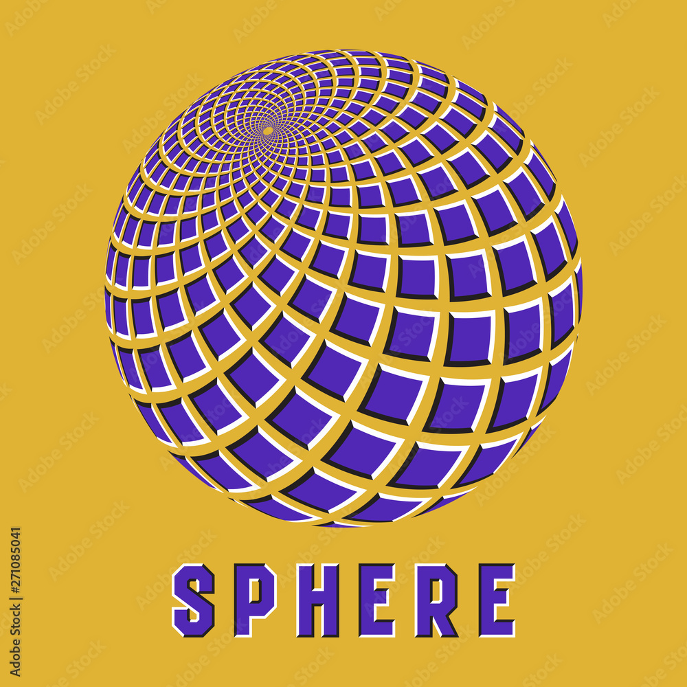 Poster abstract sphere logo symbol with motion illusion effect. purple globe emblem with moving squares sha