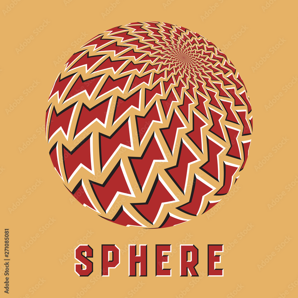 Poster abstract sphere logo symbol with motion illusion effect. red globe emblem with moving polygons shape
