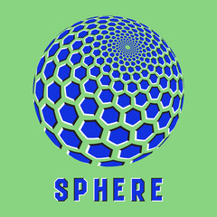 Abstract sphere logo symbol with motion illusion effect. Blue globe emblem with moving hexagons shapes.
