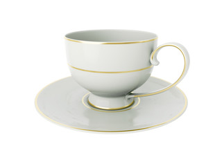 Isolated antique porcelain cup with gold on white background. 3D Illustration