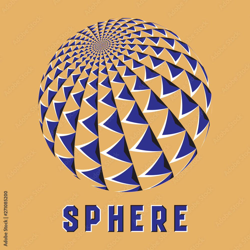 Poster abstract sphere logo symbol with motion illusion effect. blue globe emblem with moving triangular ar