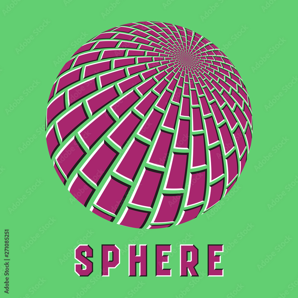 Poster abstract sphere logo symbol with motion illusion effect. pink globe emblem with moving rectangles sh