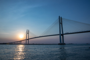 Neak Loeung bridge at PhnomPenh - Cambodia on sunset , this is a longest bridge at Cambodia