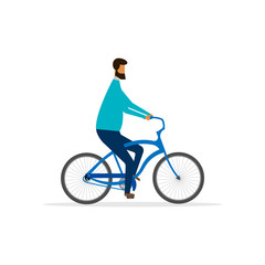 Man riding a bike isolated on white background. Vector illustration.