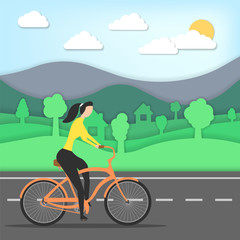 Girl riding a bike isolated on white background. Vector illustration.