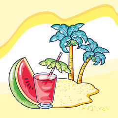 Fototapeta na wymiar summer island poster with watermelon and cocktail