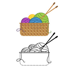 Multicolored balls of yarn lie in a basket with knitting needles Vector illustration