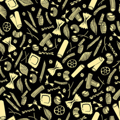 seamless pattern with italian macaroni of different kinds. light yellow coloured hand draw on black background