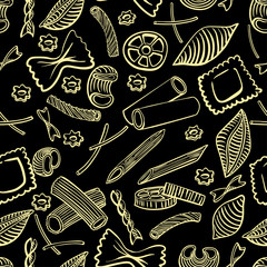 seamless pattern with italian macaroni of different kinds. light yellow coloured hand draw on black background