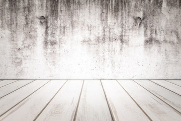 Dirty concrete wall and white wood floor texture and background