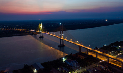 Neak Loeung bridge at PhnomPenh - Cambodia on sunset , this is a longest bridge at Cambodia