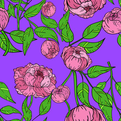 Vector seamless pattern with purple pion and leaf on purple background. Good for printing. Wallpaper and fabric design. Wrapping paper pattern. Cute pattern.