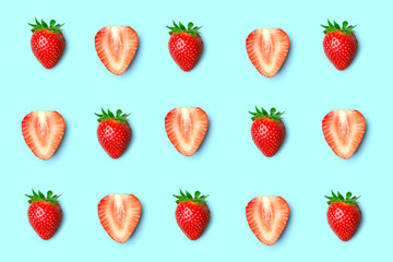 Strawberry. Pattern of strawberrys on colored background. Fresh natural strawberry cut into pieces. Strawberry of different shapes