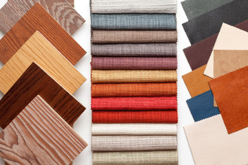 samples of parquet, fabric for curtains, and leather for the work of the interior designer.