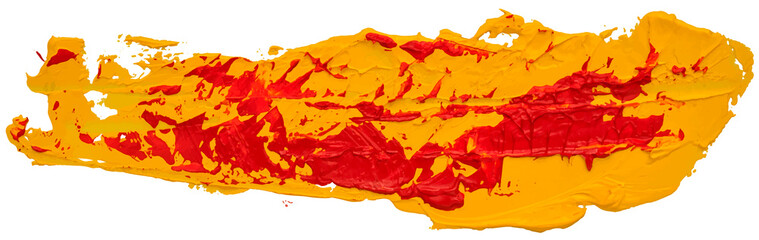 Red and yellow messy spotted oil texture paint brush stroke, hand painted, isolated on white background. EPS10 vector illustration.