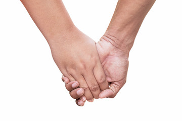 Man and woman holding hand on white background