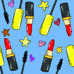 Seamless vector pattern with mascara, lipstick, stars and hearts on blue background. Wallpaper and fabric design. Good for printing. Wrapping paper pattern. Описание (на английском языке)15