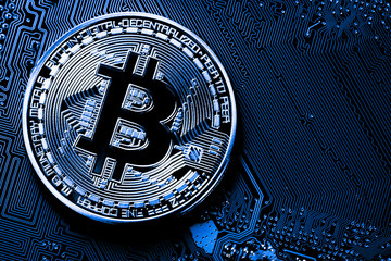 close up of Bitcoin money mining connect Internet Network 