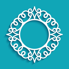 Round frame with swirly ornamental border. Cutout paper label with stensil pattern. Swirly template for laser cutting or plotter printing. Place for text.