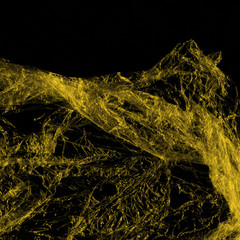 Transparent yellow plastic wrap on the black background. Plastic shopping bag texture. Reusable trash and waste.