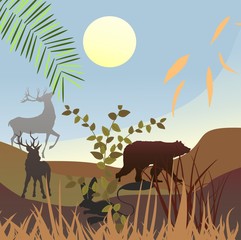 Fototapeta na wymiar Concept vector illustration of wildlife nature, silhouettes of hills, forest animals and plants. vector.