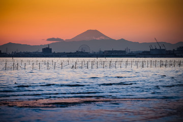 Tokyo bay and mt.Fuji at sunset