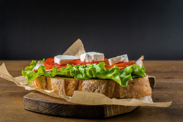 Delicious sandwich and lager beer on wooden table with dark background.