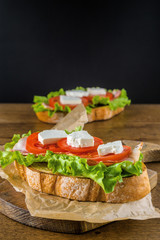 Delicious sandwich and lager beer on wooden table with dark background.