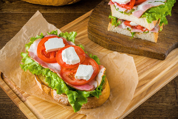 Delicious sandwich and lager beer on wooden table with dark background.