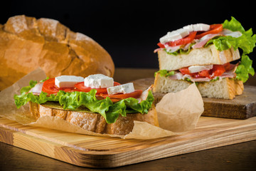 Delicious sandwich and lager beer on wooden table with dark background.