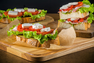 Delicious sandwich and lager beer on wooden table with dark background.