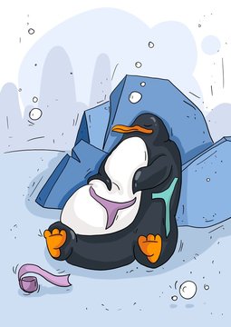Cartoon picture of cute little penguin, sleeping, watching. It hurts to be treated in the ice