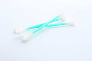 Plastic cotton swabs on white background. Hygienic accessory