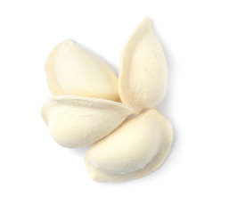 Pile of raw dumplings on white background, top view