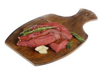fresh raw beef steak isolated on white background, top view