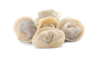 Pile of boiled dumplings on white background