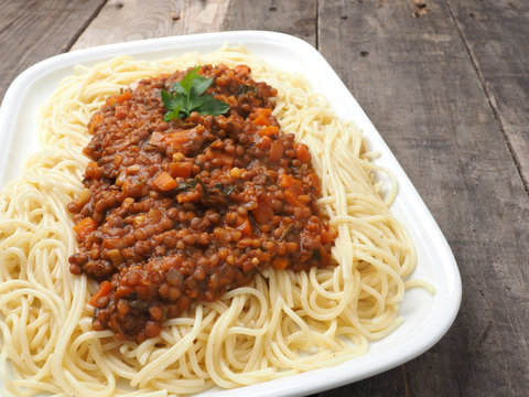 Tasty spaghetti with vegetarian bolognese sauce